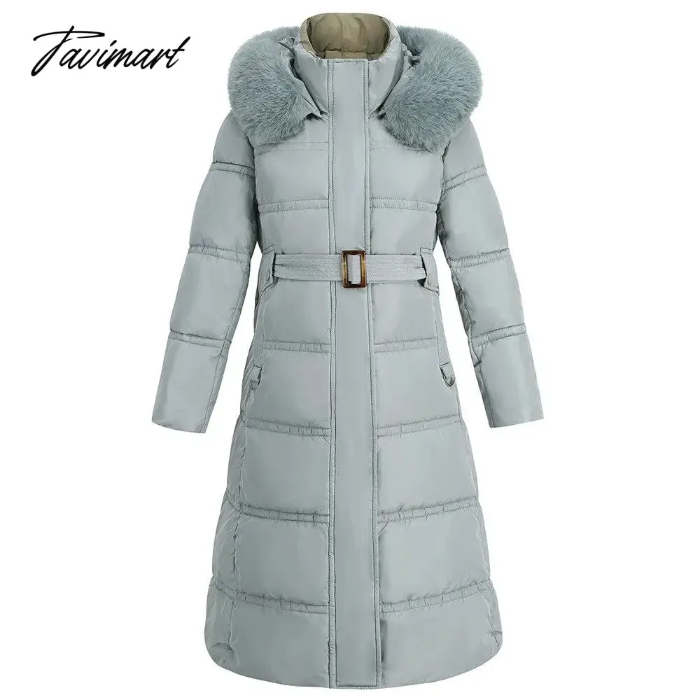 Tavimart  Winter New Mid Length Down Cotton Coat Women Hooded Fur Collar Solid Color Slim Long Coat Female Fashion Elegant Warm Coat