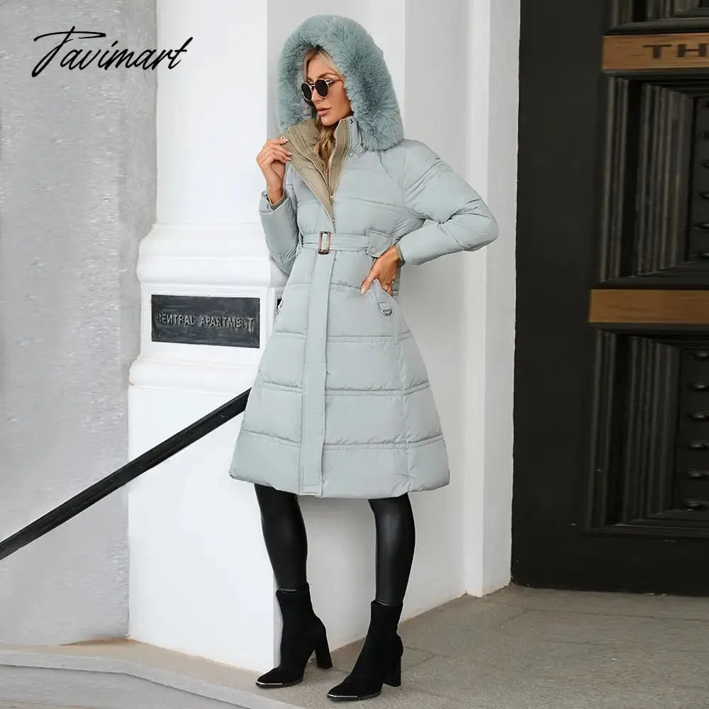 Tavimart  Winter New Mid Length Down Cotton Coat Women Hooded Fur Collar Solid Color Slim Long Coat Female Fashion Elegant Warm Coat