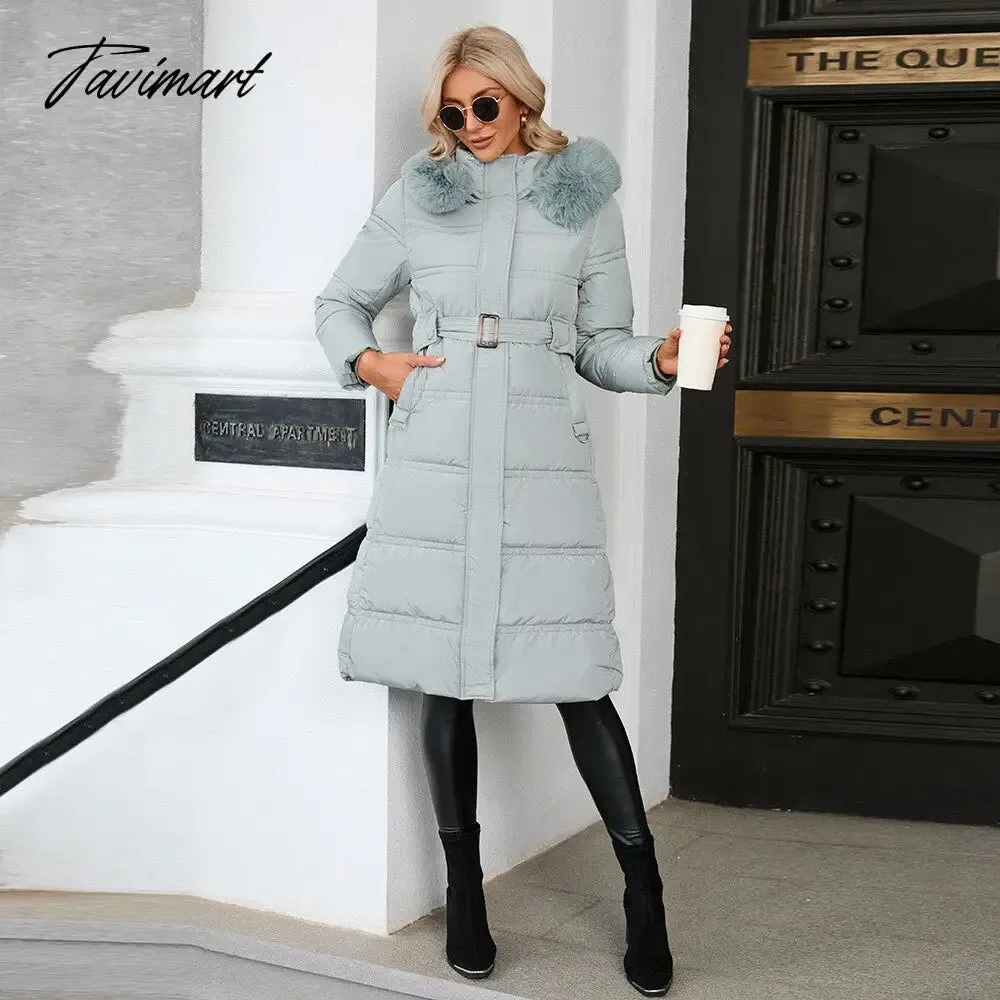 Tavimart  Winter New Mid Length Down Cotton Coat Women Hooded Fur Collar Solid Color Slim Long Coat Female Fashion Elegant Warm Coat