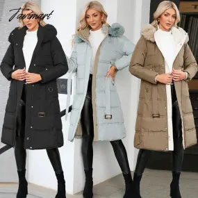 Tavimart  Winter New Mid Length Down Cotton Coat Women Hooded Fur Collar Solid Color Slim Long Coat Female Fashion Elegant Warm Coat