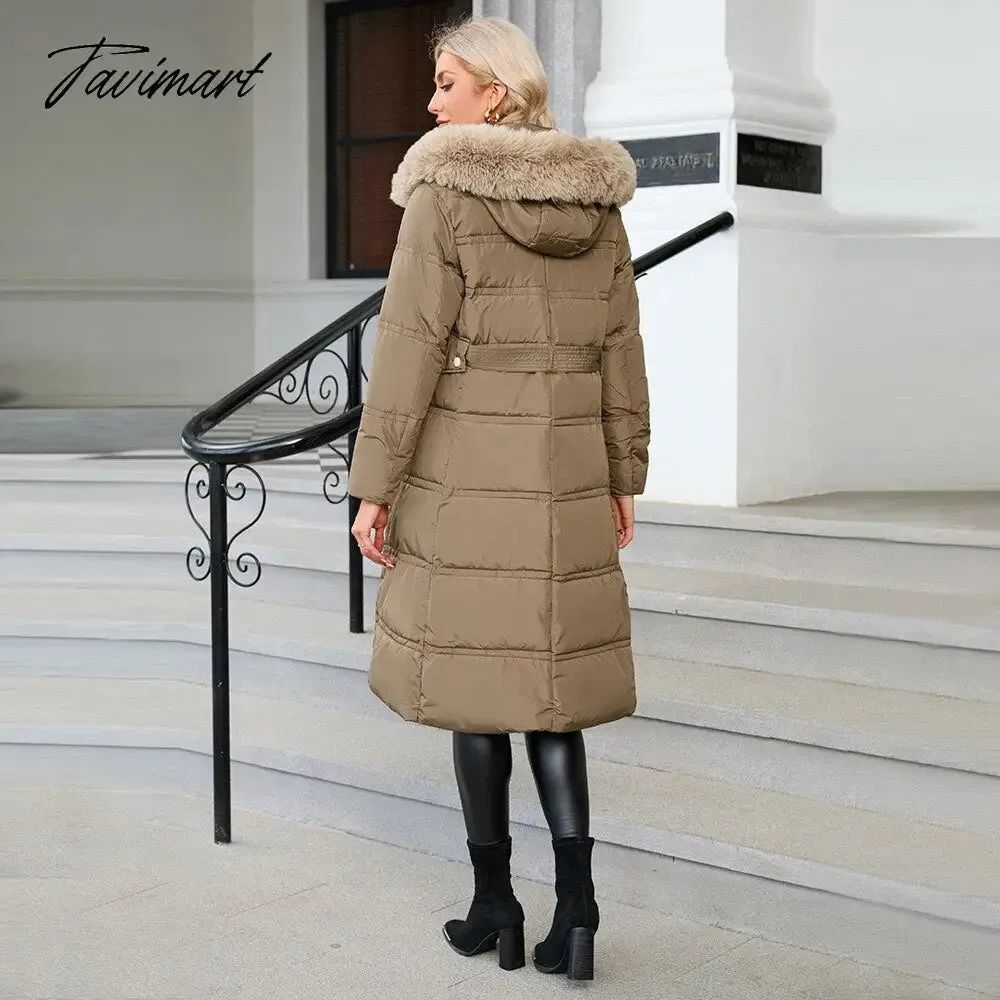 Tavimart  Winter New Mid Length Down Cotton Coat Women Hooded Fur Collar Solid Color Slim Long Coat Female Fashion Elegant Warm Coat