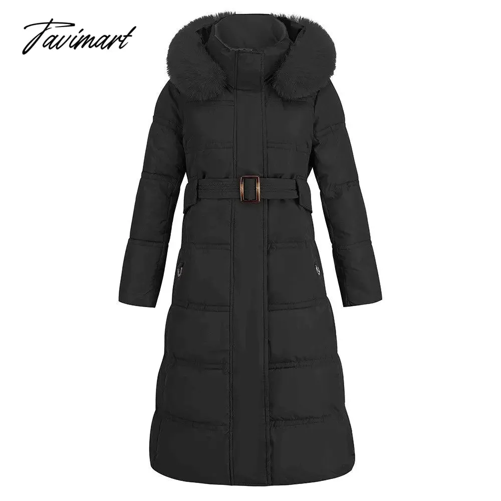 Tavimart  Winter New Mid Length Down Cotton Coat Women Hooded Fur Collar Solid Color Slim Long Coat Female Fashion Elegant Warm Coat