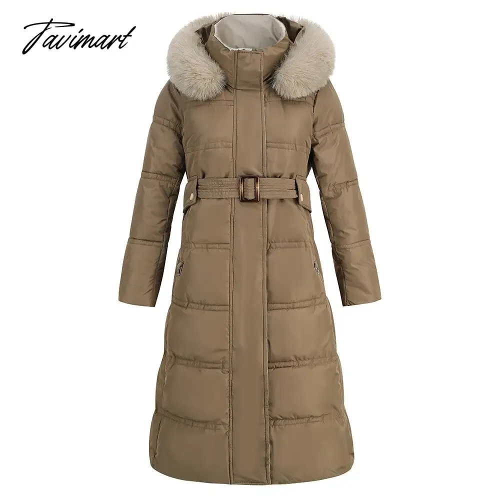 Tavimart  Winter New Mid Length Down Cotton Coat Women Hooded Fur Collar Solid Color Slim Long Coat Female Fashion Elegant Warm Coat