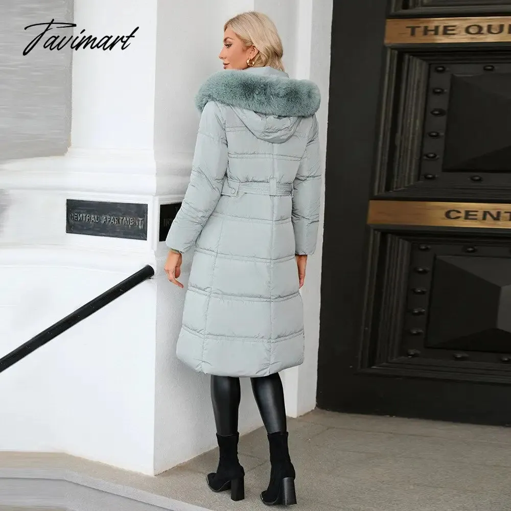 Tavimart  Winter New Mid Length Down Cotton Coat Women Hooded Fur Collar Solid Color Slim Long Coat Female Fashion Elegant Warm Coat