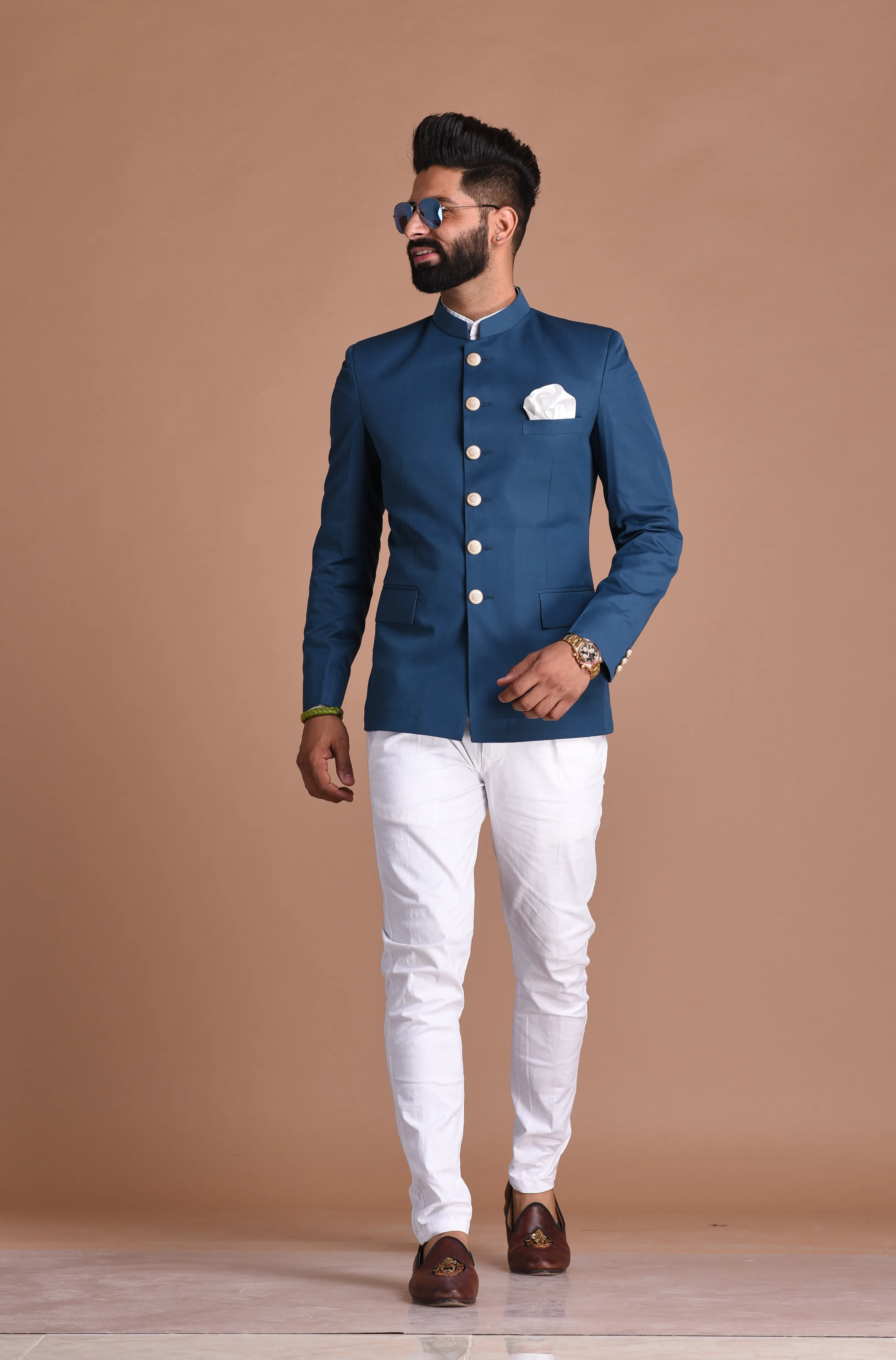 Teal Blue Jodhpuri Bandhgala Suit With White Trouser