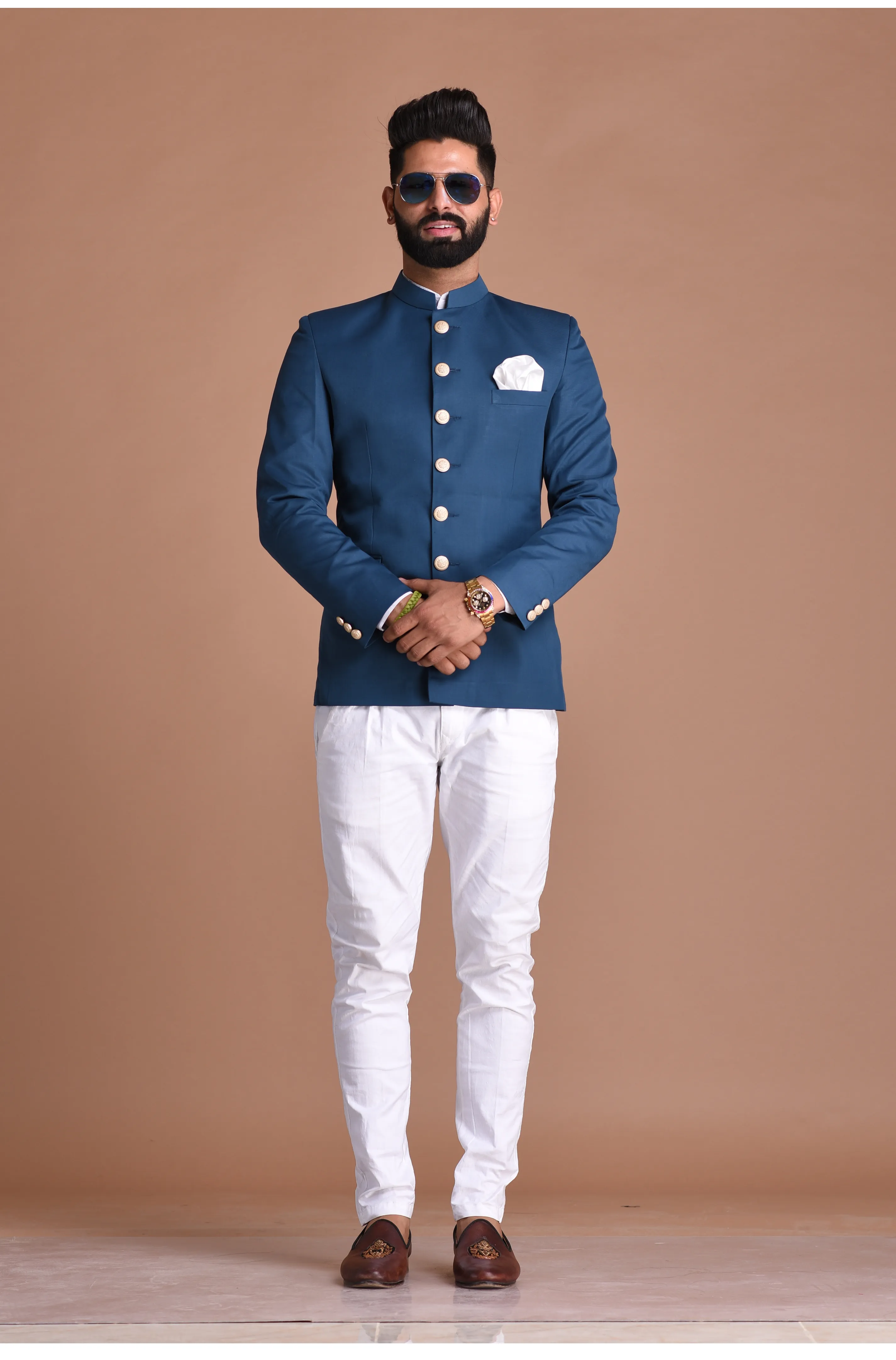 Teal Blue Jodhpuri Bandhgala Suit With White Trouser