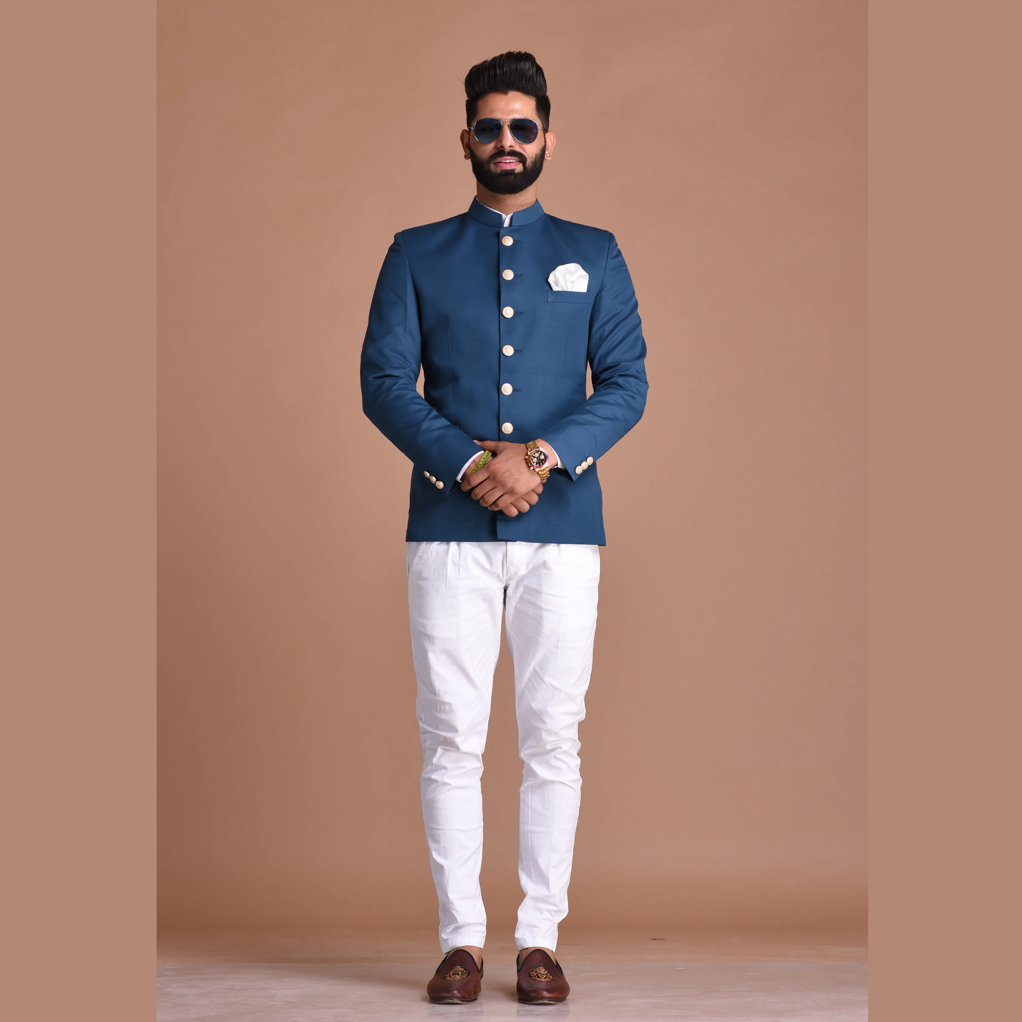 Teal Blue Jodhpuri Bandhgala Suit With White Trouser