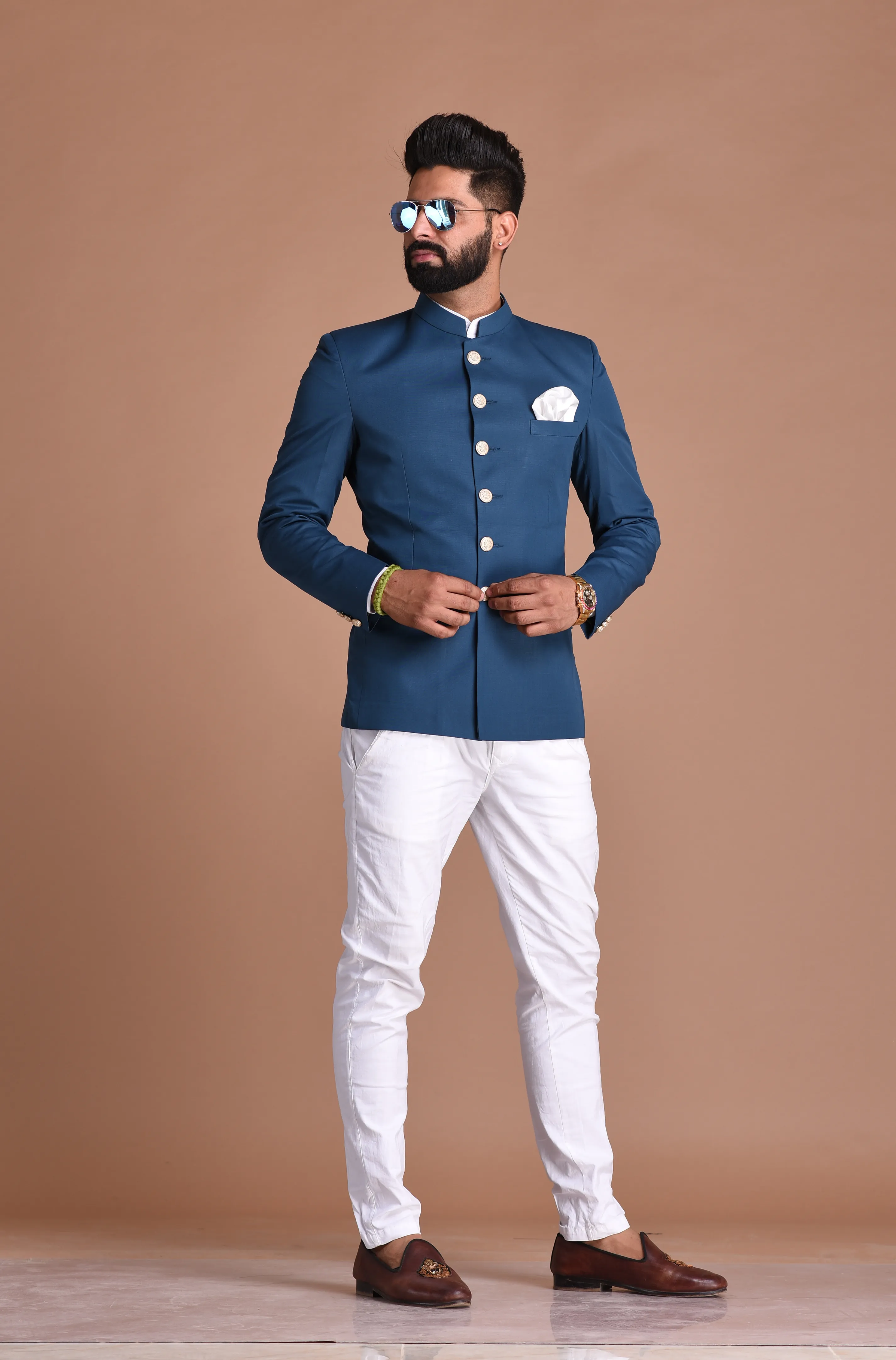 Teal Blue Jodhpuri Bandhgala Suit With White Trouser