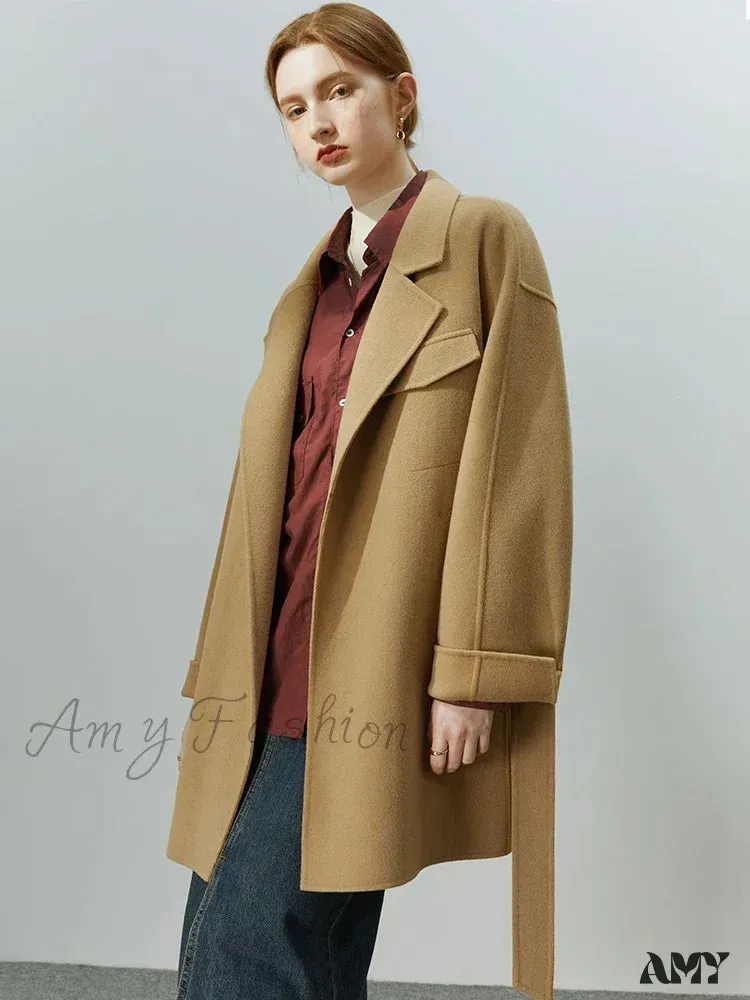 Temperament Mid-length Double-sided Pure Wool Solid Color High-quality Elegant Coat