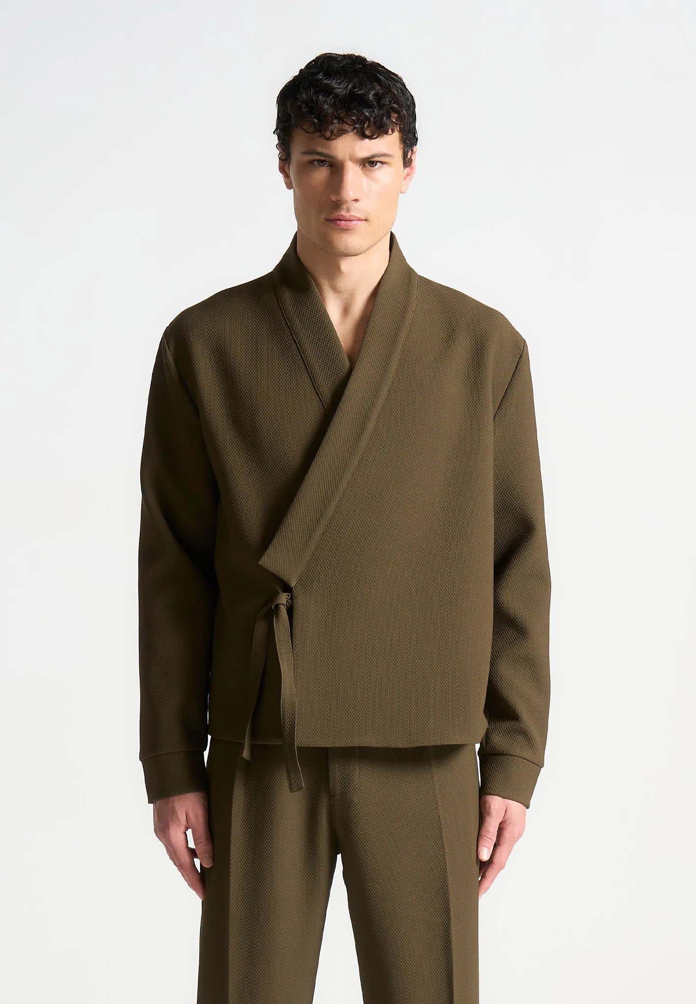 Textured Kimono Wrap Jacket - Khaki