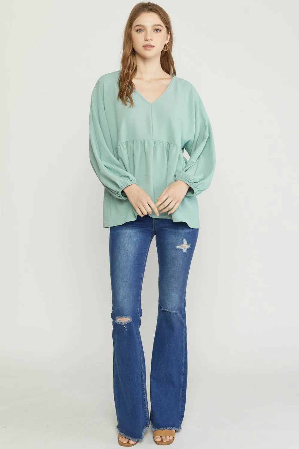 Textured Long Sleeve Babydoll Top, Green