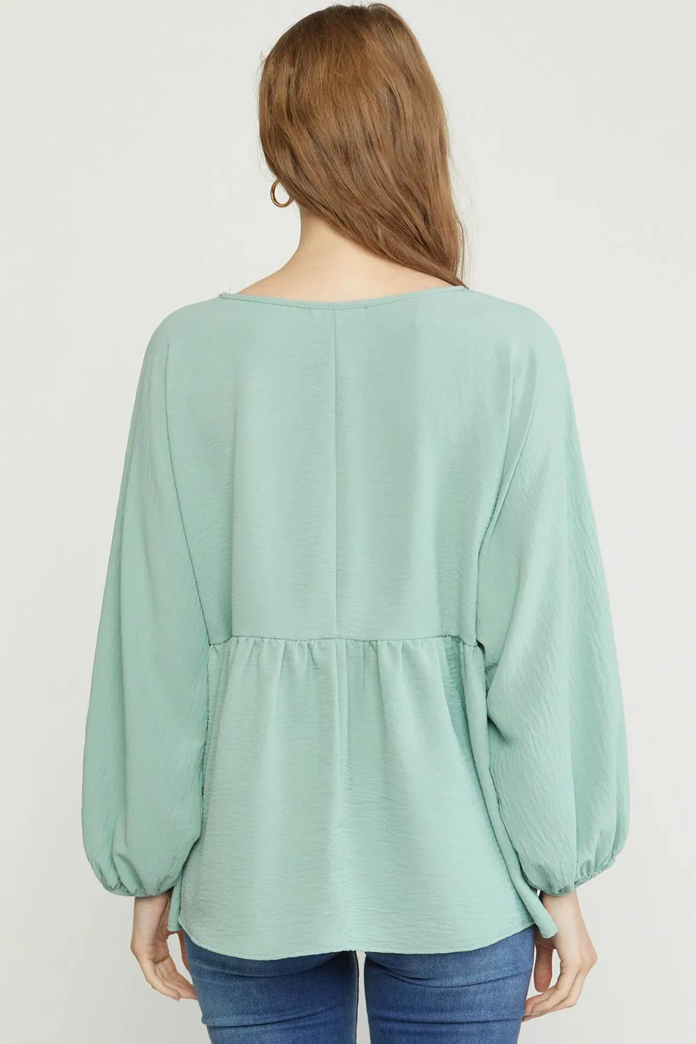 Textured Long Sleeve Babydoll Top, Green