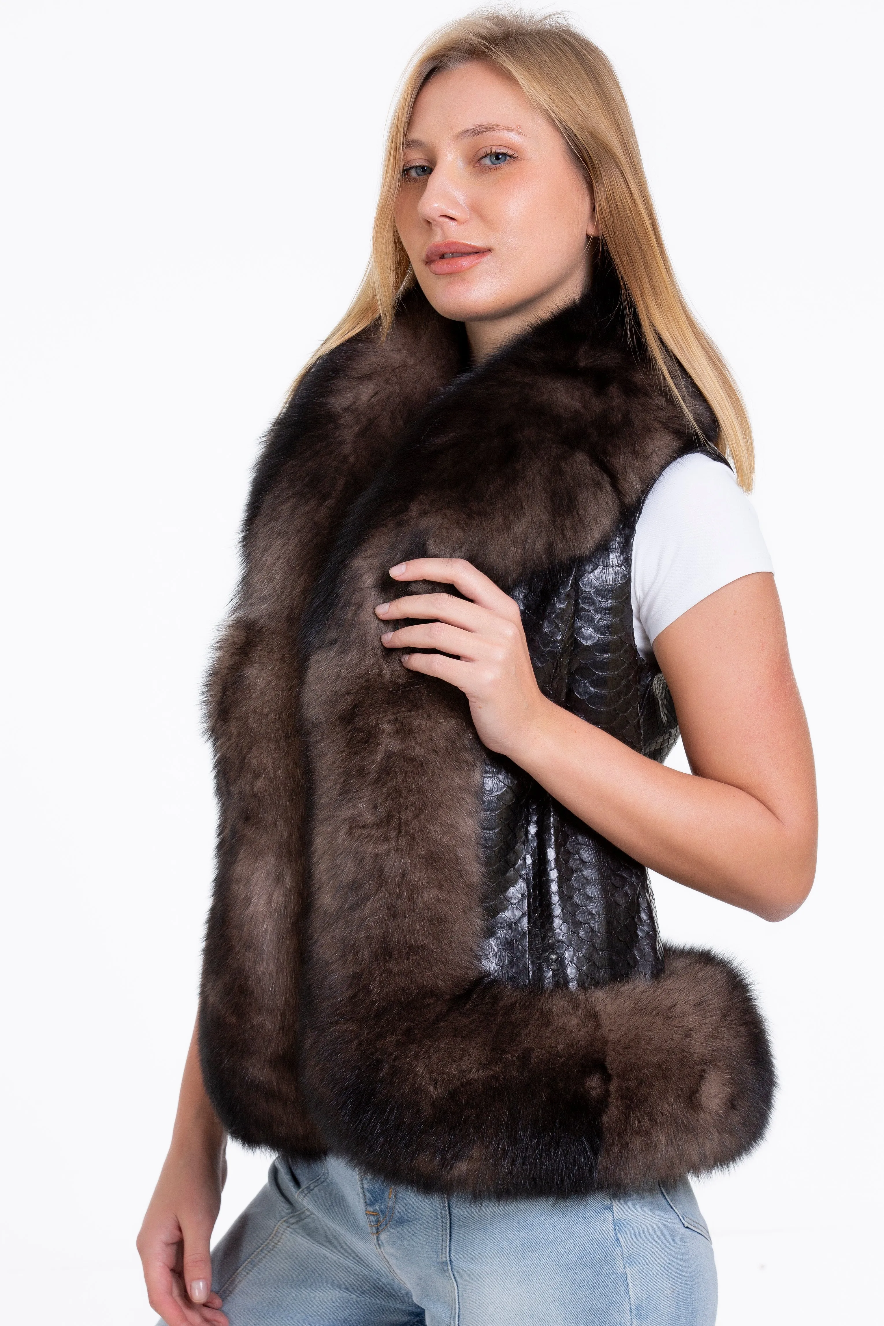 The Fitzroy Pythn Skin Leather Black Pullover Vest with a Pure Fox Fur Women Jacket