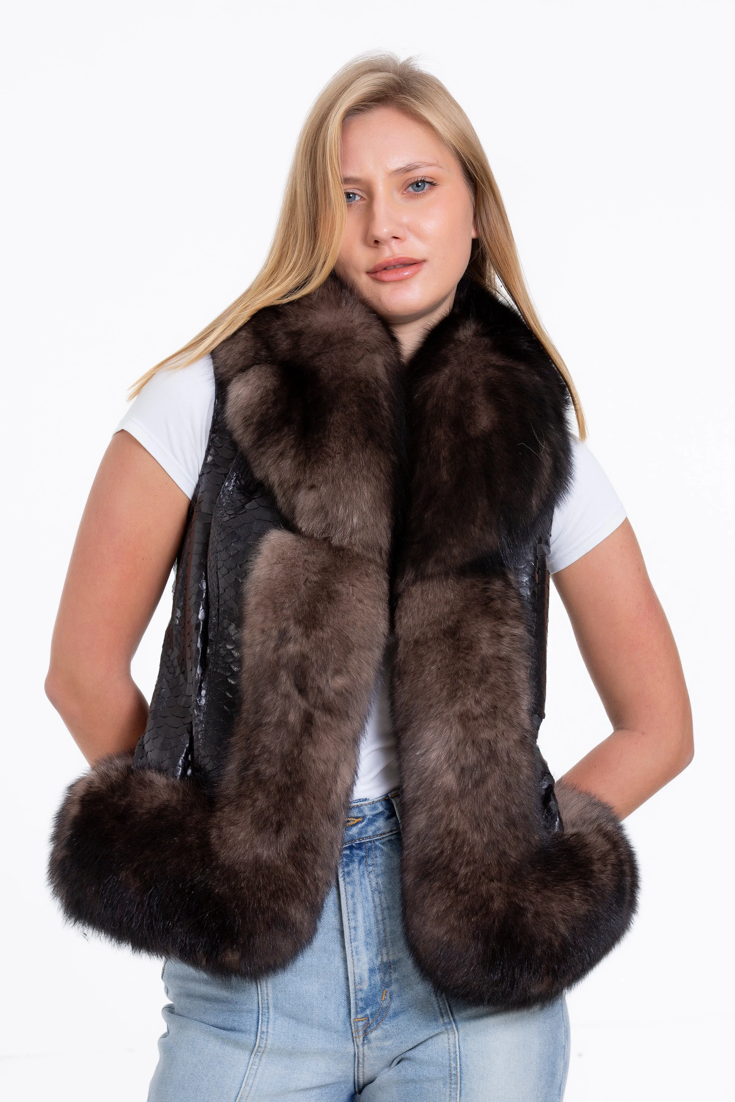 The Fitzroy Pythn Skin Leather Black Pullover Vest with a Pure Fox Fur Women Jacket