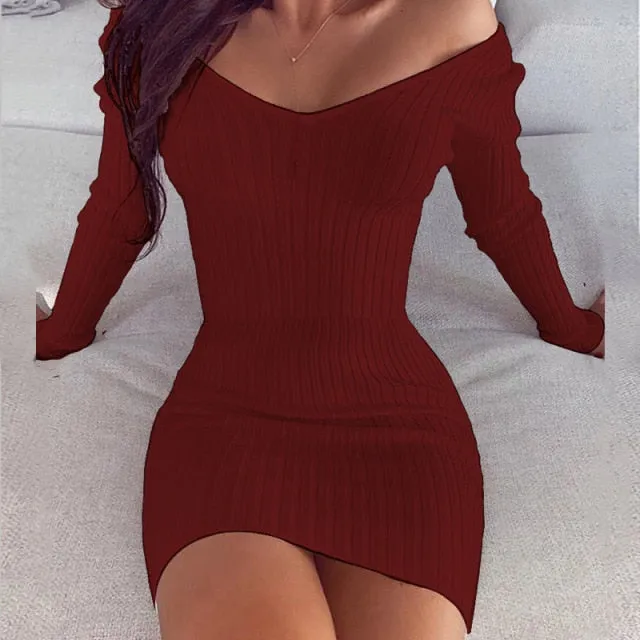 Trendy Long Sleeve Off Shoulder Knitted Mini Sweater Dress