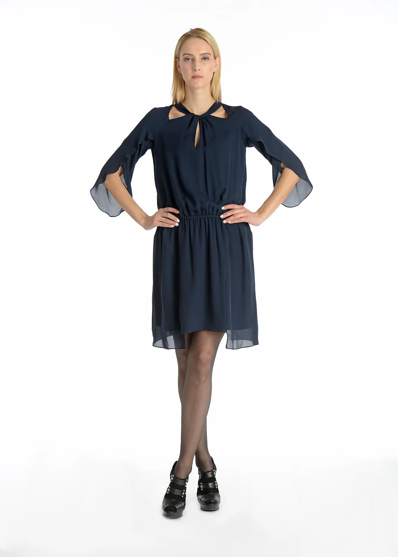 Tulip sleeves uneven hem silk dress