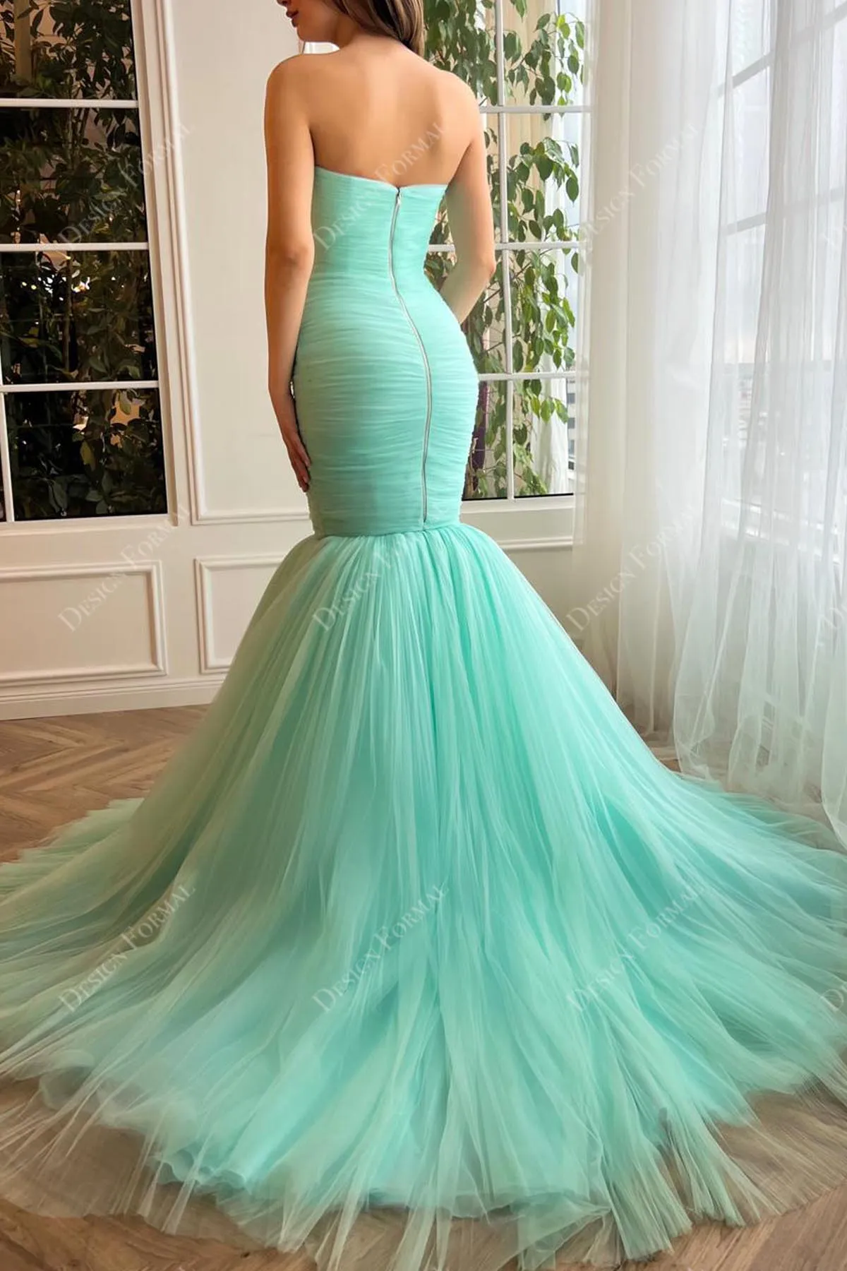 Turquoise Strapless Pleated Tulle Custom-made Trumpet Formal Gown