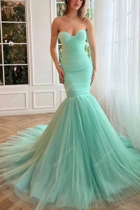 Turquoise Strapless Pleated Tulle Custom-made Trumpet Formal Gown