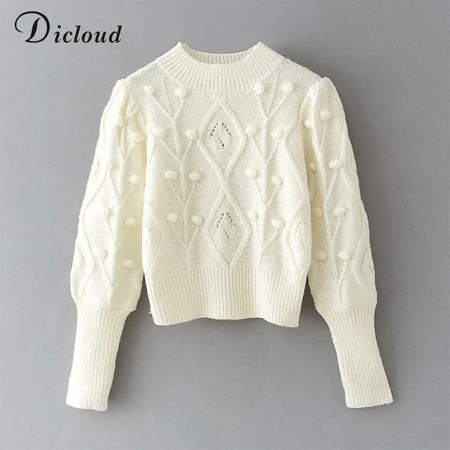 Turtleneck Women's Pom Poms Sweater Autumn Winter Oversized Long Sleeve Knitted Jumpers Fashion Ladies Pullover