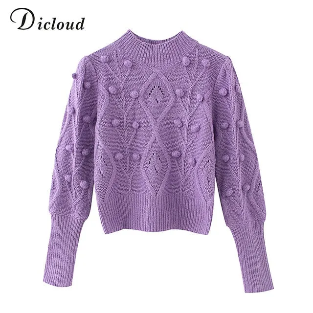 Turtleneck Women's Pom Poms Sweater Autumn Winter Oversized Long Sleeve Knitted Jumpers Fashion Ladies Pullover