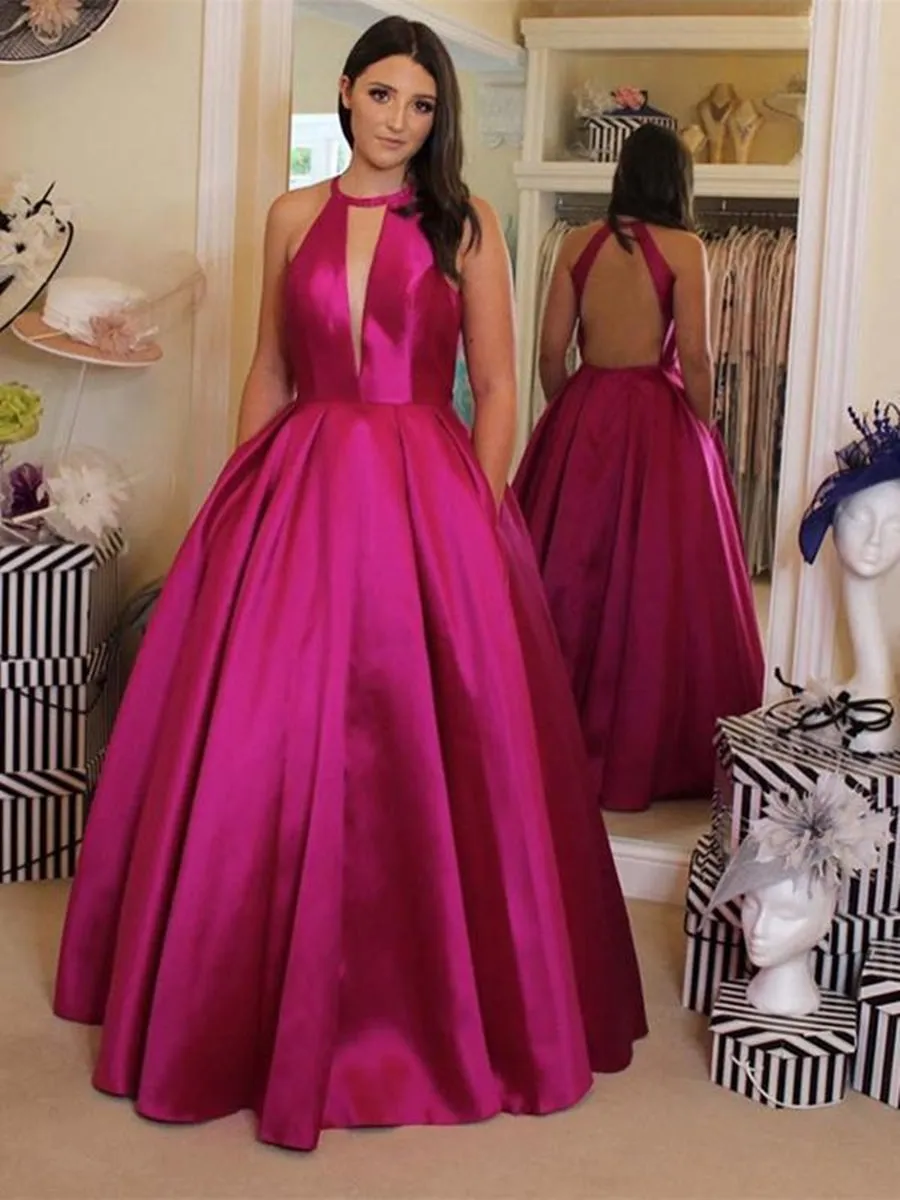 Unique Halter V Neck Backless Magenta Prom with Pocket, Backless Magenta Formal, Sexy Magenta Evening