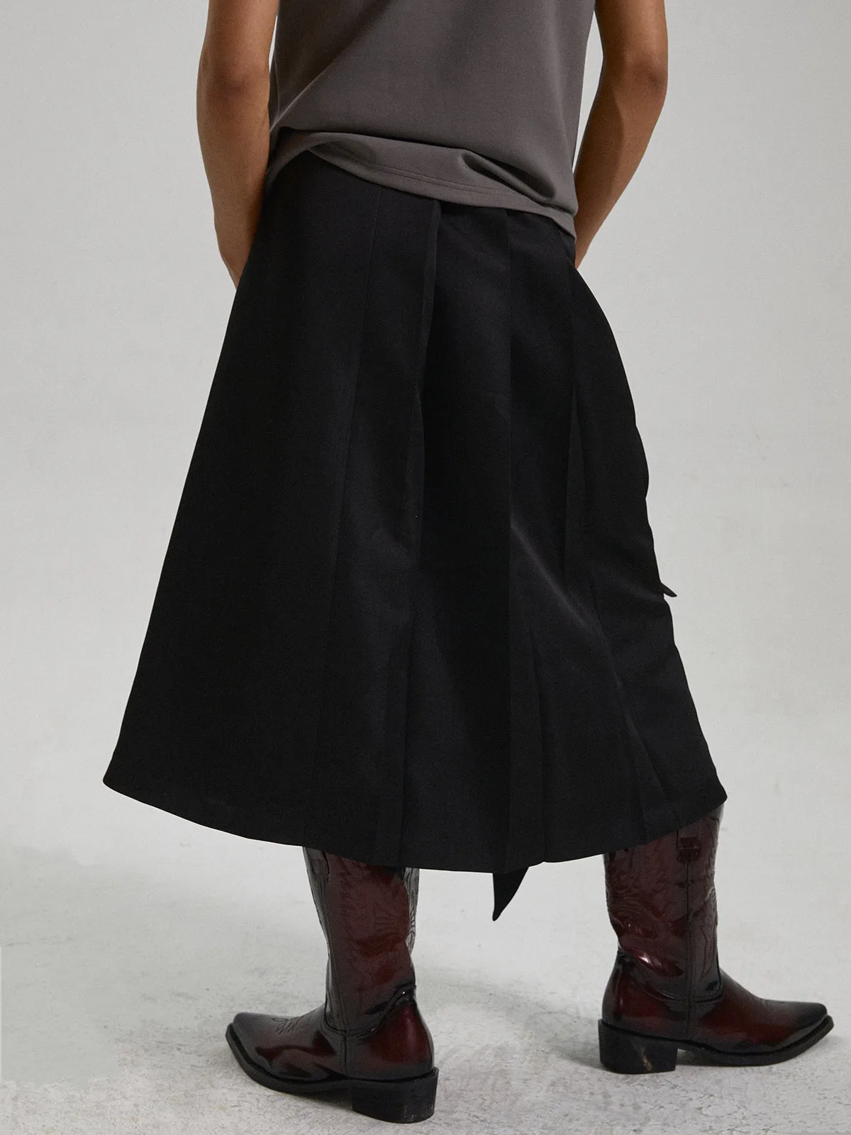 Unisex Pleated Asymmetrical Button Long Skirt