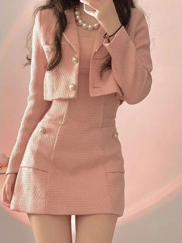 Uniwim-Autumn Pink Elegant Two Piece Set Women Korean Style Balzer Coat Strap Mini Dress Set Female Solid Casual Slim Designer Set 2024