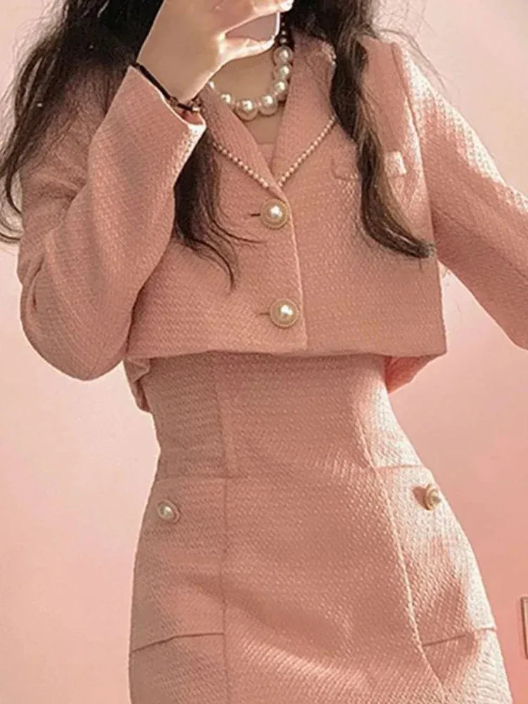 Uniwim-Autumn Pink Elegant Two Piece Set Women Korean Style Balzer Coat Strap Mini Dress Set Female Solid Casual Slim Designer Set 2024