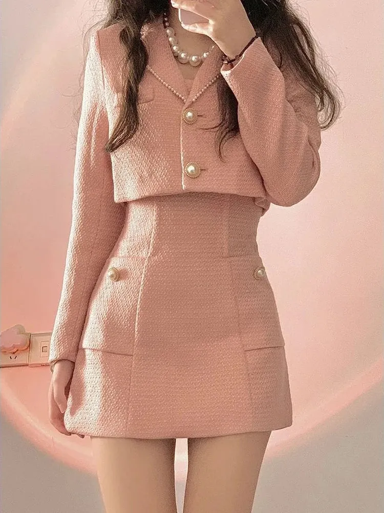 Uniwim-Autumn Pink Elegant Two Piece Set Women Korean Style Balzer Coat Strap Mini Dress Set Female Solid Casual Slim Designer Set 2024