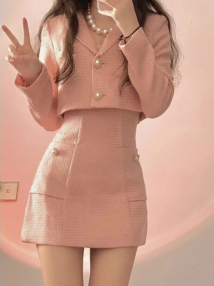 Uniwim-Autumn Pink Elegant Two Piece Set Women Korean Style Balzer Coat Strap Mini Dress Set Female Solid Casual Slim Designer Set 2024