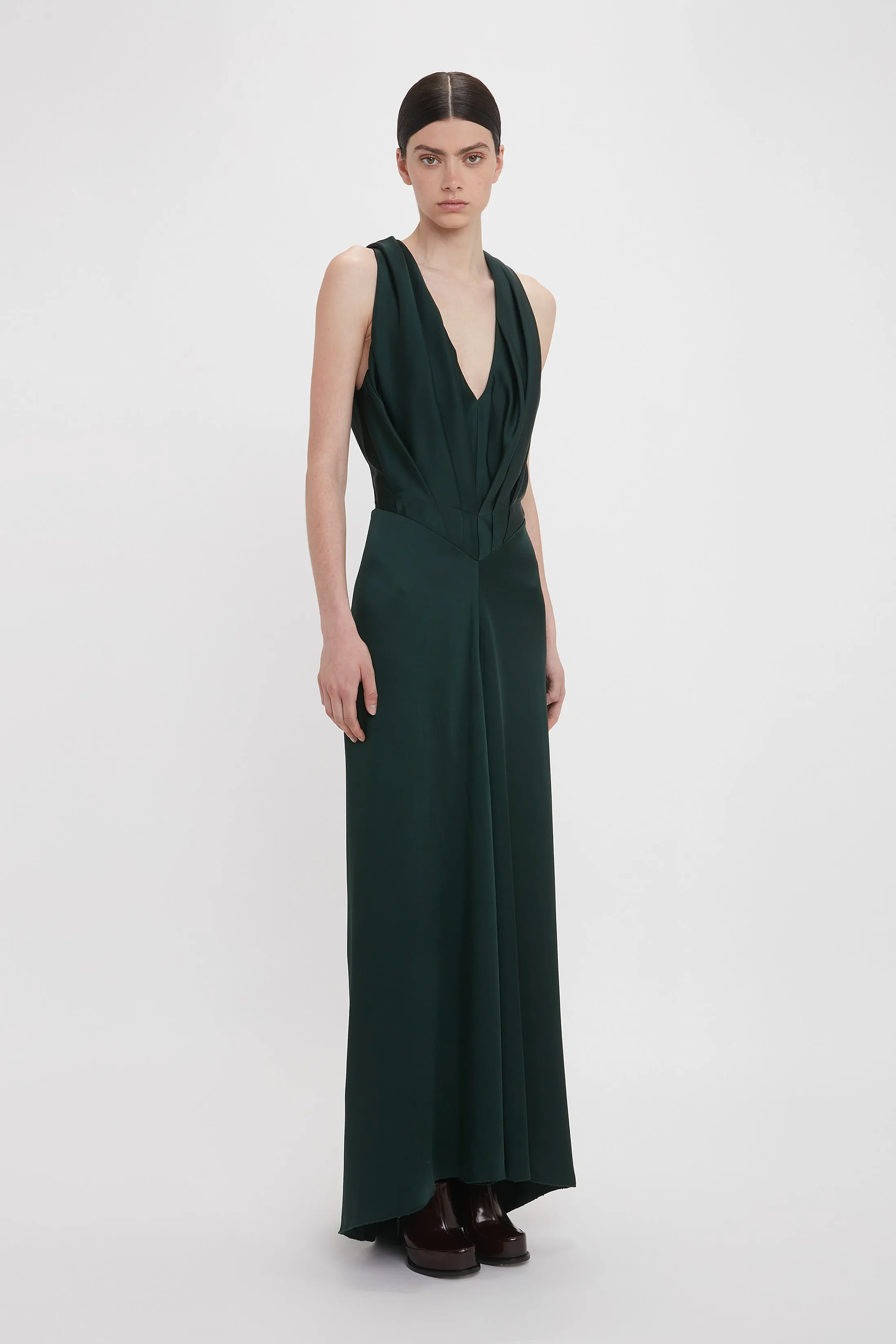 V-Neck Gathered Floor-Length Dress In Seaweed