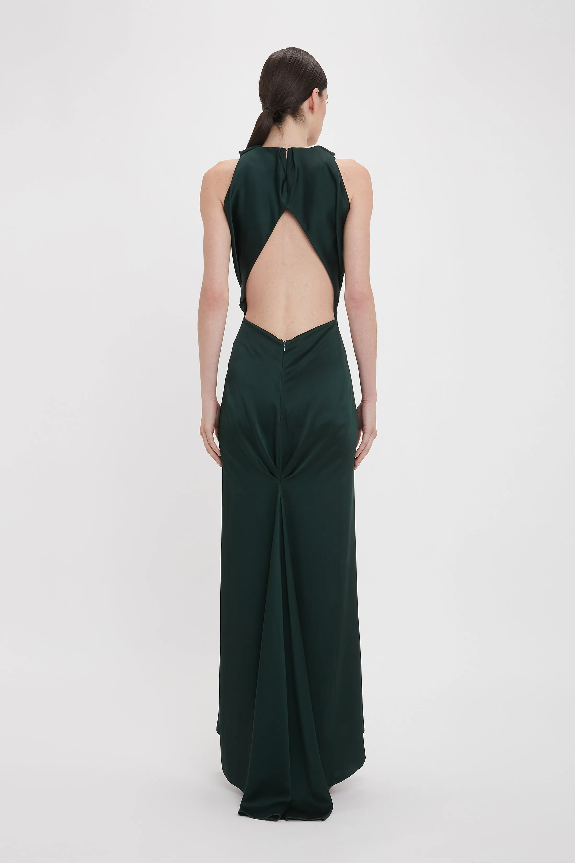 V-Neck Gathered Floor-Length Dress In Seaweed