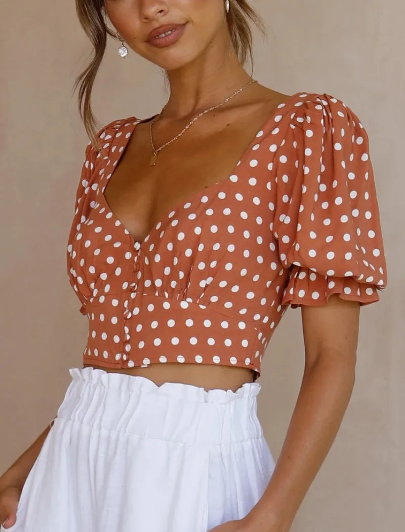 V-Neck Short-Sleeved Thin Polka dots top