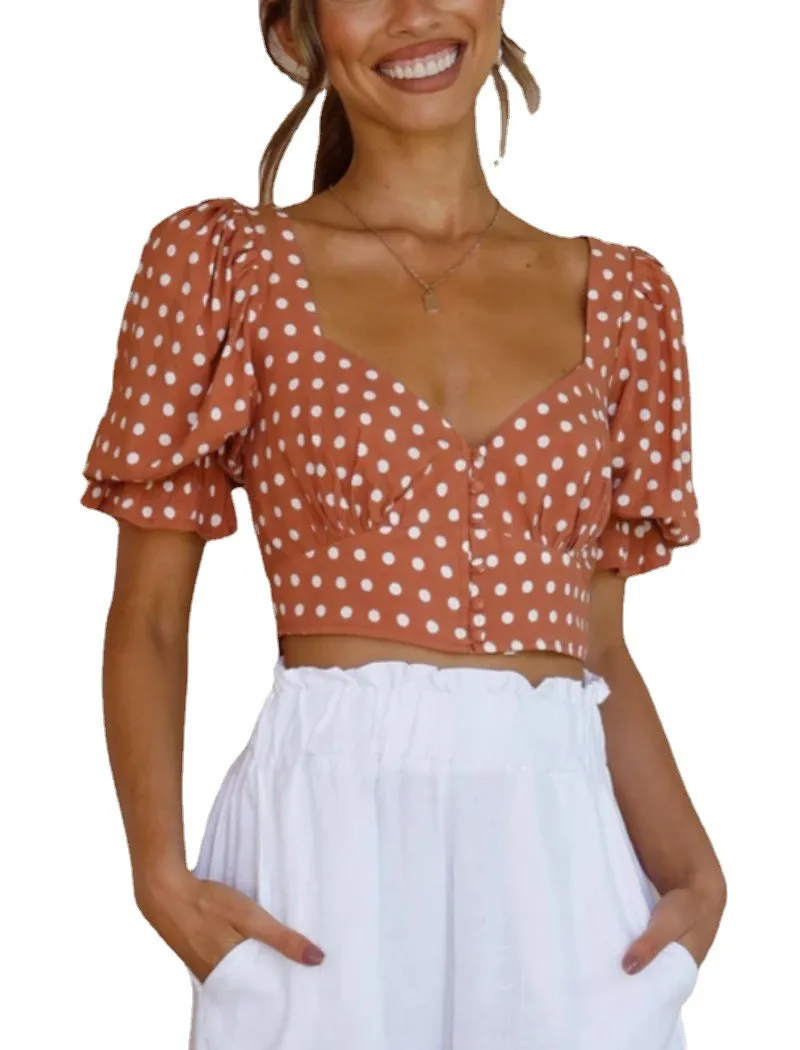 V-Neck Short-Sleeved Thin Polka dots top