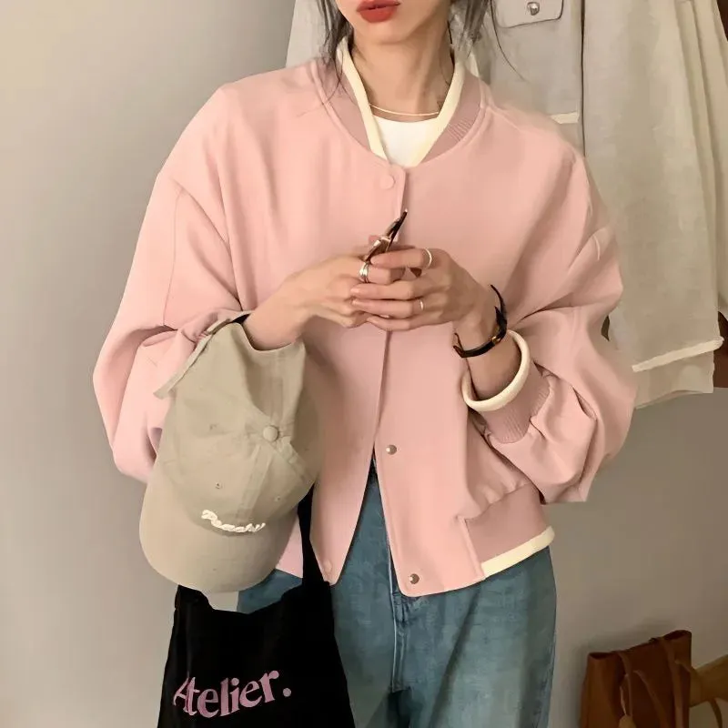 Vevesc  Pink Bomber Cropped Jacket Women Korean Fashion Oversize Casual Short New Jackets Spring Chic and Elegant Aesthetic