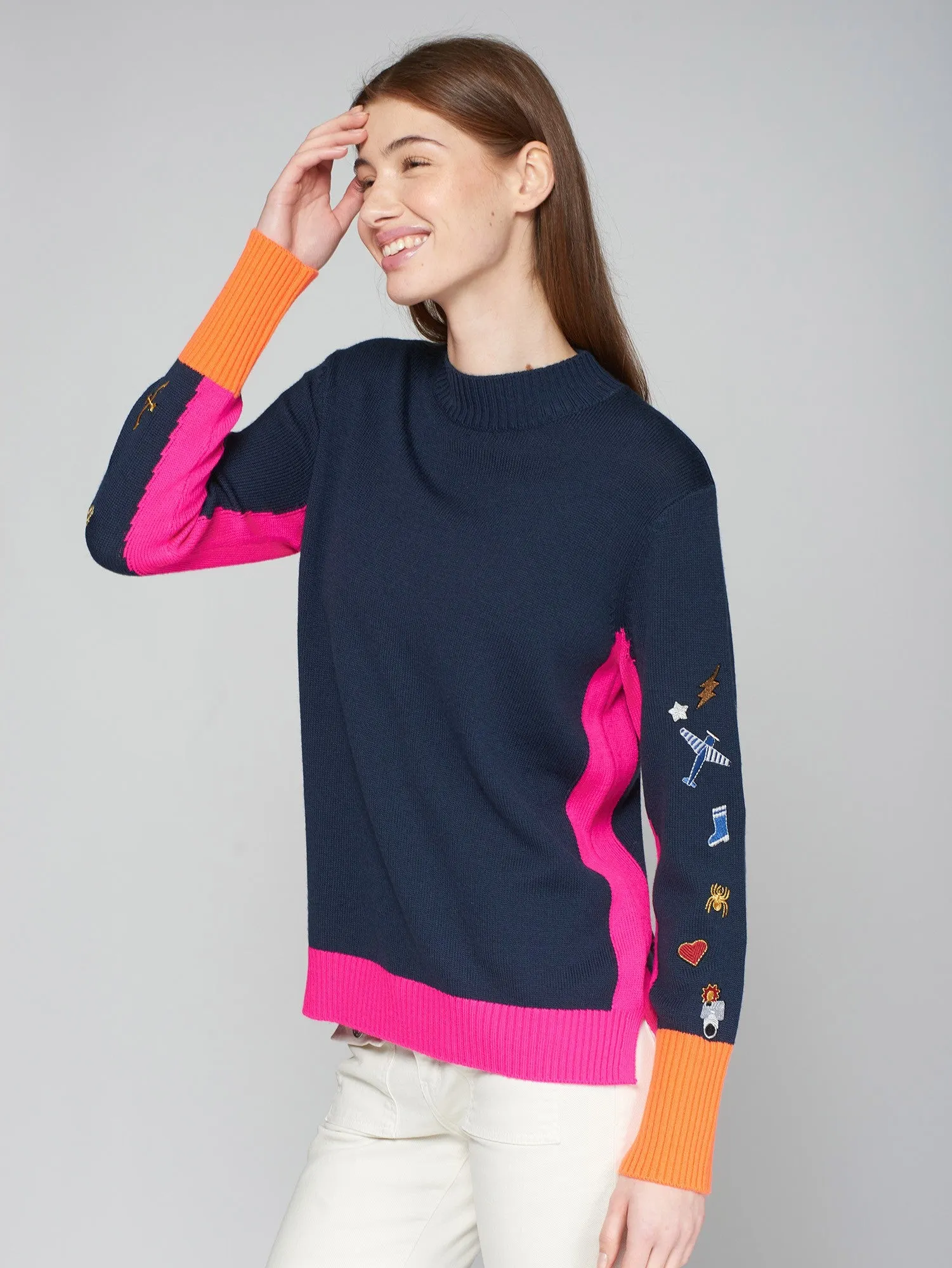 VILAGALLO TURTLENECK EMBROIDERY NAVY PINK ORANGE