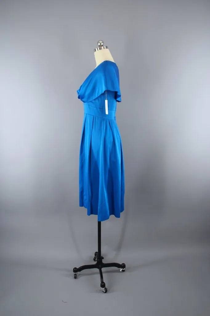 Vintage Electric Blue Satin Cocktail Party Dress