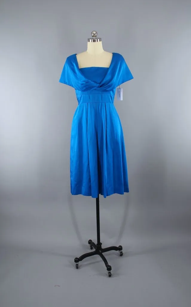 Vintage Electric Blue Satin Cocktail Party Dress