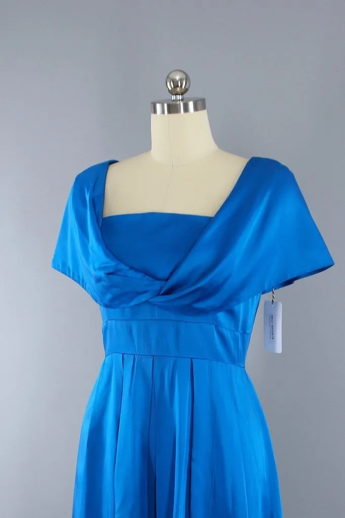 Vintage Electric Blue Satin Cocktail Party Dress