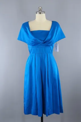 Vintage Electric Blue Satin Cocktail Party Dress