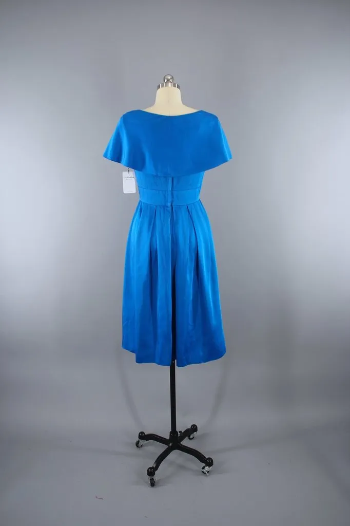 Vintage Electric Blue Satin Cocktail Party Dress