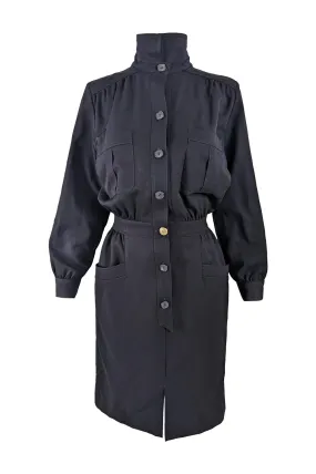 Vintage Navy Blue Blouson Wool Gabardine Dress, 1980s