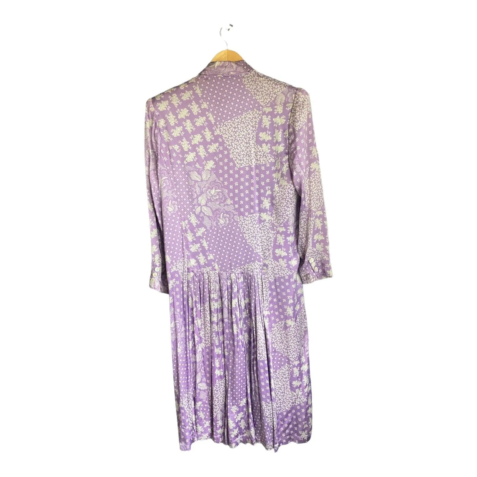 Vintage Roland Klien Silk Lilac And Cream Patterned Long Sleeved Dress UK Size 10