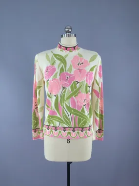 Vintage Sweater / Pink Tulip Floral Print / Mod 60s