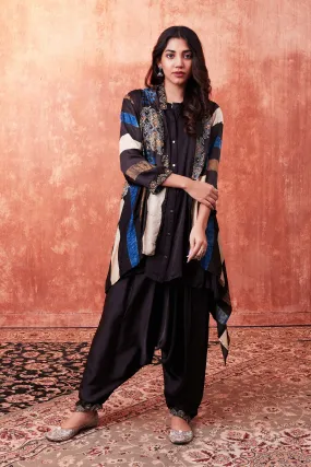 Warm Black Ajrakh Printed Habutai Silk Cape Suit Set