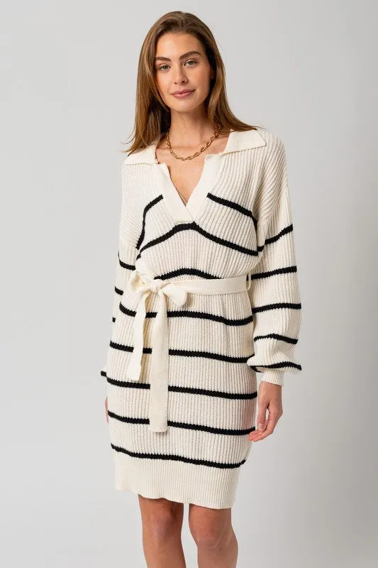 White-Black Stripe Long Sleeve Stripe Sweater Dress