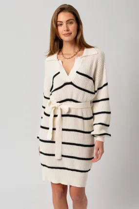 White-Black Stripe Long Sleeve Stripe Sweater Dress