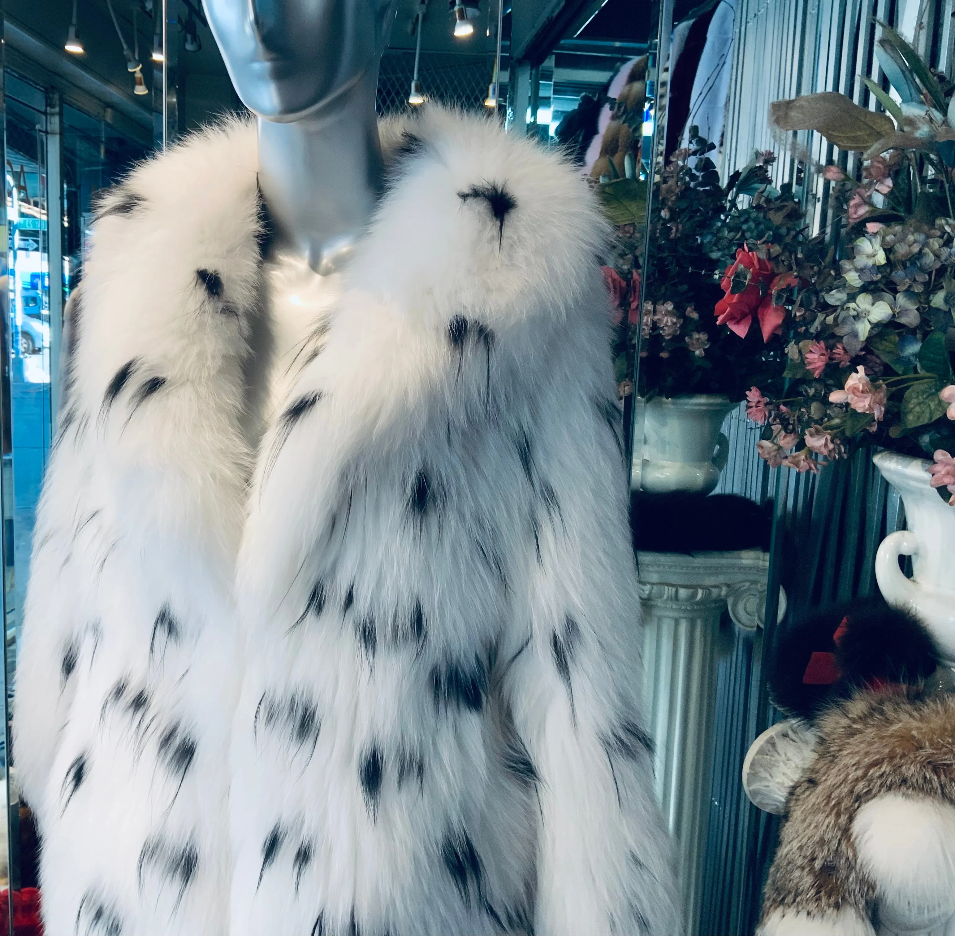 White Fox Fur Coat with Black Hues Warm Super Light Fluffy