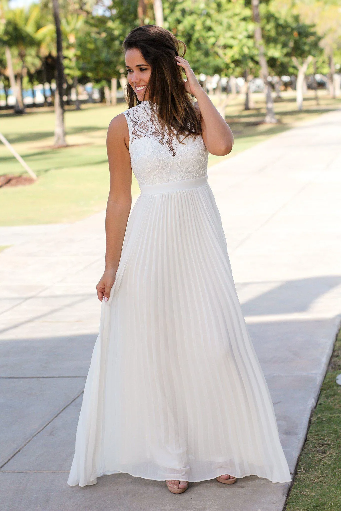 White Lace Maxi Dress with Pleated Bottom