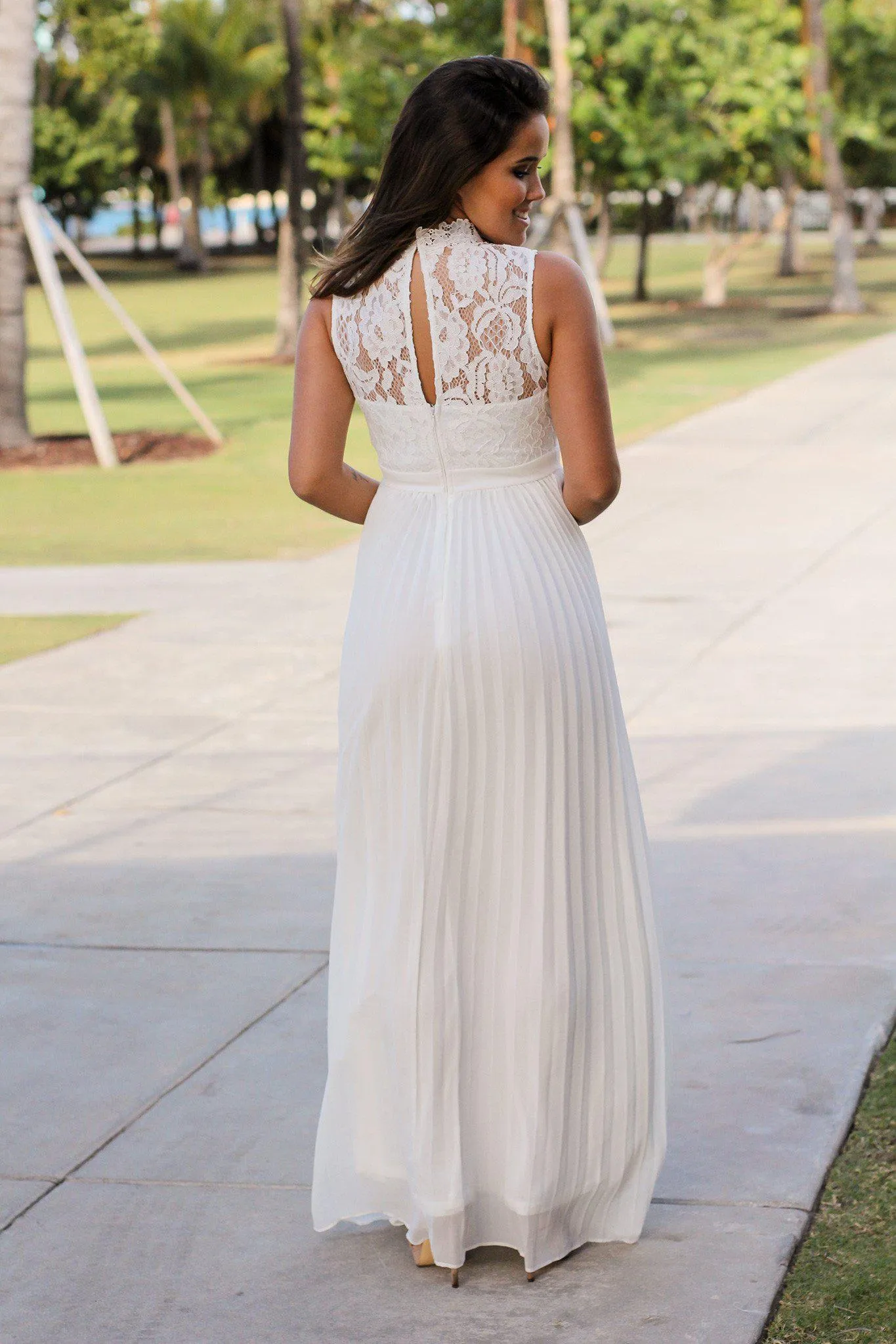 White Lace Maxi Dress with Pleated Bottom